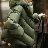 Reagan | Women's Cropped Hooded Duck Down Puffer Jacket with Chevron Quilting