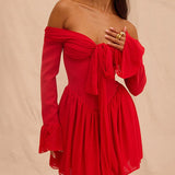 Scarlet | Women's Off-Shoulder Pleated Midi Dress with Flared Sleeves