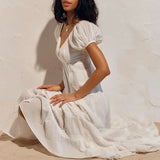 Genevieve | Women's Maxi Dress with Puff Sleeves and Lace Patchwork
