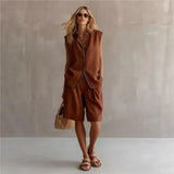 Adeline | Women's Linen Two Piece Set Button Shorts