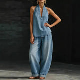 Nova | Women's Denim Two Piece Set Straight Pants