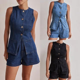 Reagan | Women's Denim Set with Vest and Wide Shorts
