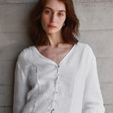 Maddie | Women Shirt With Linen Collarless V Neck