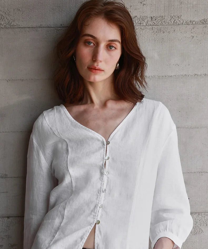 Maddie | Women Shirt With Linen Collarless V Neck