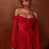 Scarlet | Women's Off-Shoulder Pleated Midi Dress with Flared Sleeves