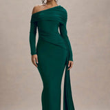 Evangeline | Women's One-Shoulder Ruched Midi Gown with Slim Fit
