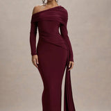 Evangeline | Women's One-Shoulder Ruched Midi Gown with Slim Fit