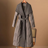 Margaux | Women's Long Quilted Duck Down Coat with Wool Shawl Collar and Tie Waist