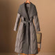 Margaux | Women's Long Quilted Duck Down Coat with Wool Shawl Collar and Tie Waist