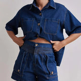 Rowan | Women's Denim Two Piece Set Cargo Shorts