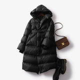 Casey | Women's Long Duck Down Puffer Coat with Belted Waist and Hood