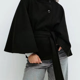 Novara | Women's Wool Blend Cape Coat with Stand Collar and Belted Waist
