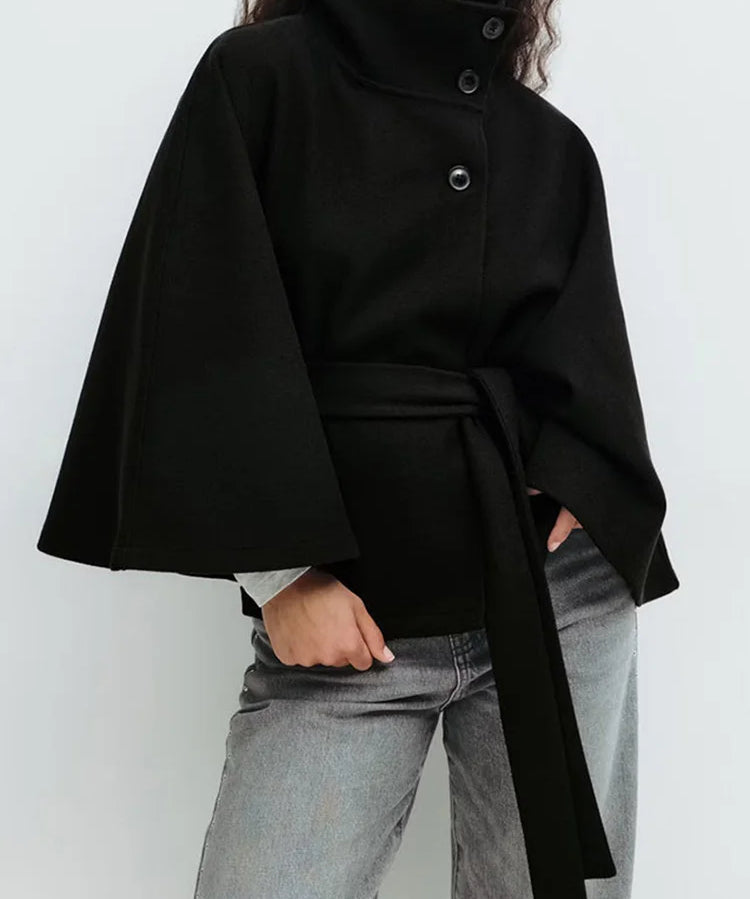 Novara | Women's Wool Blend Cape Coat with Stand Collar and Belted Waist