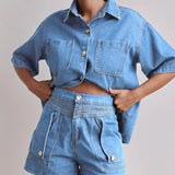 Rowan | Women's Denim Two Piece Set Cargo Shorts