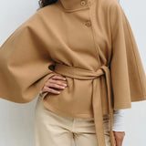 Novara | Women's Wool Blend Cape Coat with Stand Collar and Belted Waist