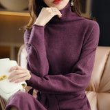 Isabella | Women's Wool Sweater Dress with High Neck and Waist Tie