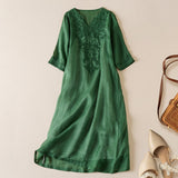 Vivica | Women's Embroidered Cotton Linen Midi Dress with V-Neck