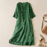 Vivica | Women's Embroidered Cotton Linen Midi Dress with V-Neck
