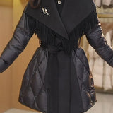Juliette | Women's Mid-Length Duck Down Coat with Wool Fringe Lapel and Belted Waist