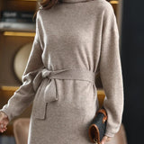 Isabella | Women's Wool Sweater Dress with High Neck and Waist Tie