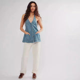Alenza | Women's Denim Halter Vest with Snap Front Closure