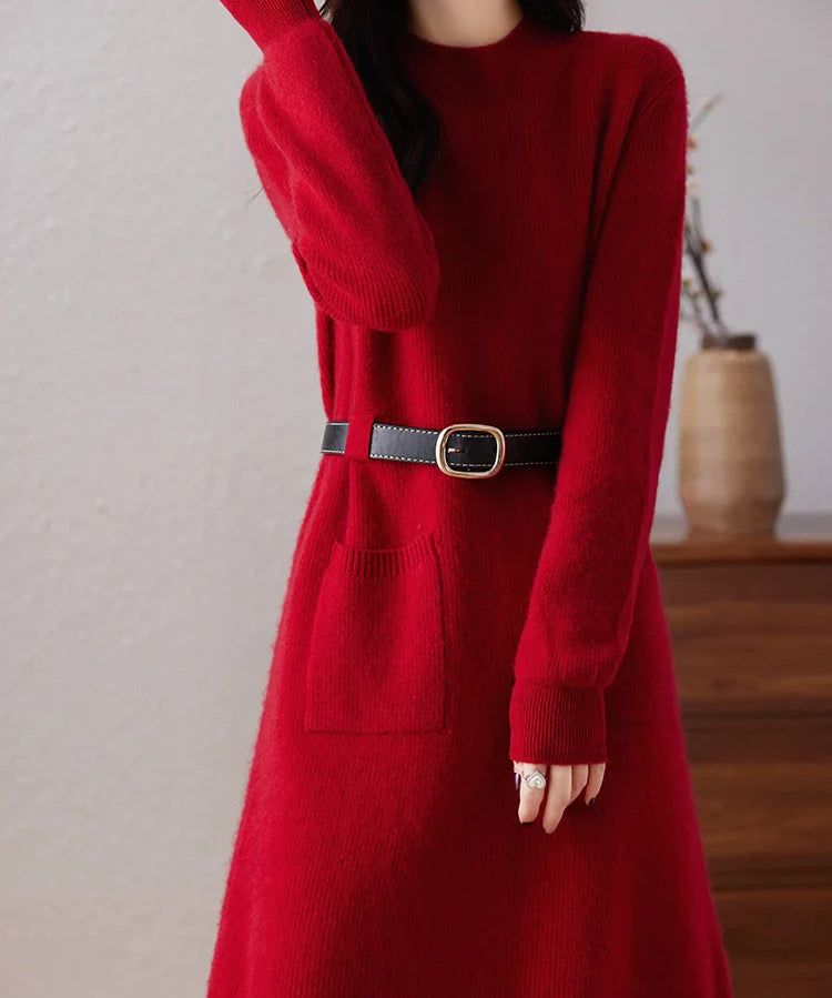 Edith | Women's Wool Cashmere Knit Dress with Half-Turtleneck and Pockets