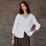 Maddie | Women Shirt With Linen Collarless V Neck