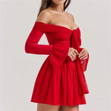 Scarlet | Women's Off-Shoulder Pleated Midi Dress with Flared Sleeves