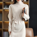 Isabella | Women's Wool Sweater Dress with High Neck and Waist Tie