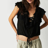 Hartley | Women Top With Cotton Gauze Ruffle Placket