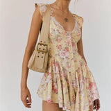 Claudia | Women's Vintage Floral Romper with Lace Trim and Button Front