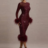 Celeste | Women's Sequin Mesh Maxi Dress with Feather Detail