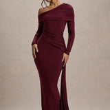 Evangeline | Women's One-Shoulder Ruched Midi Gown with Slim Fit