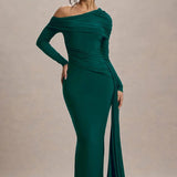 Evangeline | Women's One-Shoulder Ruched Midi Gown with Slim Fit