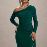 Evangeline | Women's One-Shoulder Ruched Midi Gown with Slim Fit