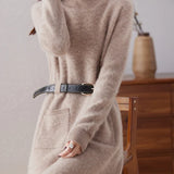 Edith | Women's Wool Cashmere Knit Dress with Half-Turtleneck and Pockets