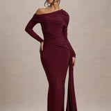 Evangeline | Women's One-Shoulder Ruched Midi Gown with Slim Fit