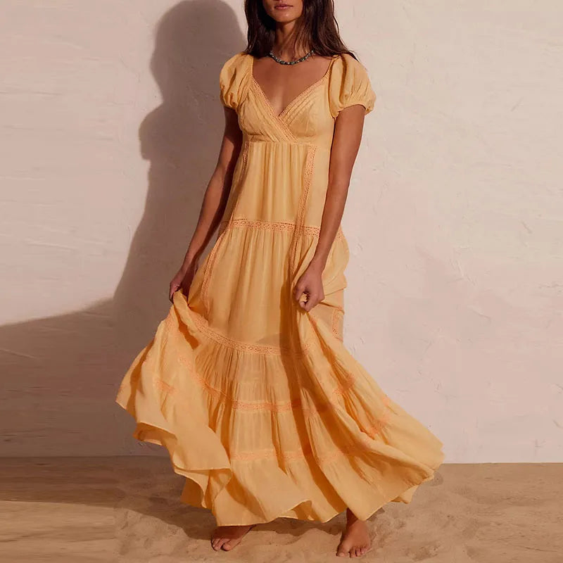 Genevieve | Women's Maxi Dress with Puff Sleeves and Lace Patchwork