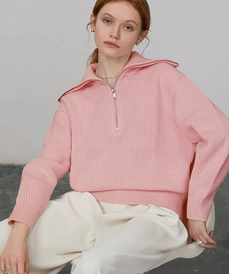 Skylar | Women's Cotton Pullover with Wide Collar and Chest Zipper Detail
