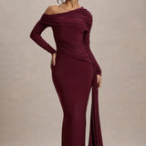 Evangeline | Women's One-Shoulder Ruched Midi Gown with Slim Fit
