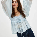 Aria | Women Blouse With Smocked Ribbon Tie