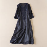 Vivica | Women's Embroidered Cotton Linen Midi Dress with V-Neck