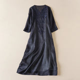 Vivica | Women's Embroidered Cotton Linen Midi Dress with V-Neck