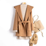 Ellen | Women's Belted Mid-Length Cashmere Blend Coat with Hood