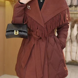 Juliette | Women's Mid-Length Duck Down Coat with Wool Fringe Lapel and Belted Waist