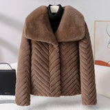 Liana | Women's Short Faux Mink Coat with Chevron Texture and Wide Lapel