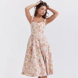 Ruth | Women's Floral Midi Dress with Corset Bodice and High Slit