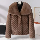 Liana | Women's Short Faux Mink Coat with Chevron Texture and Wide Lapel