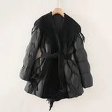 Juliette | Women's Mid-Length Duck Down Coat with Wool Fringe Lapel and Belted Waist