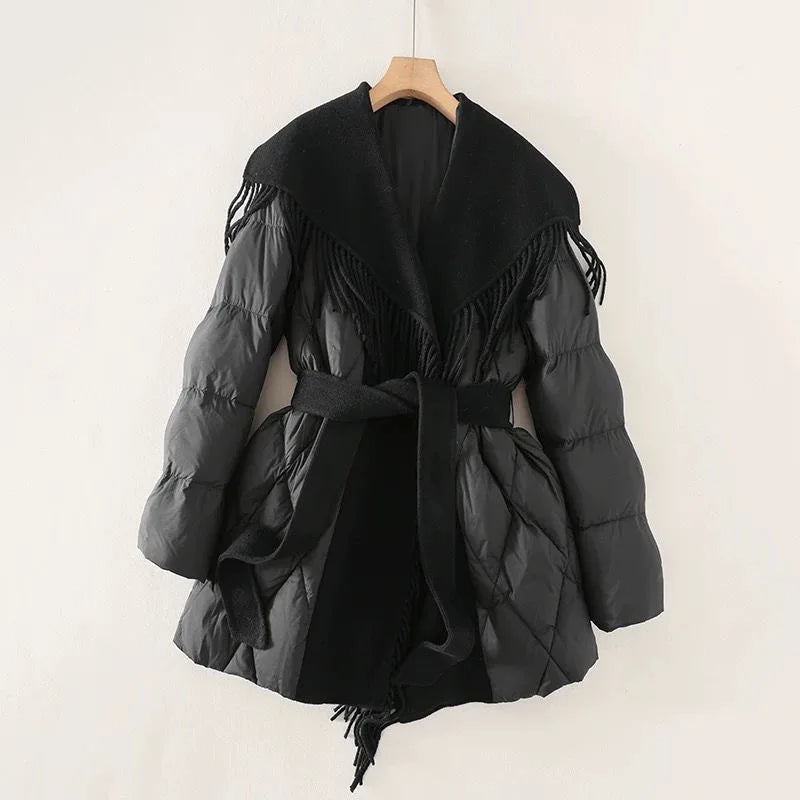 Juliette | Women's Mid-Length Duck Down Coat with Wool Fringe Lapel and Belted Waist
